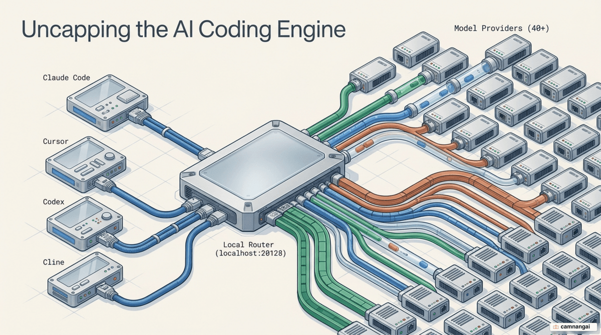 Several AI coding tools including Claude Code, Cursor and Codex all routing through a single local router before fanning out to different model providers