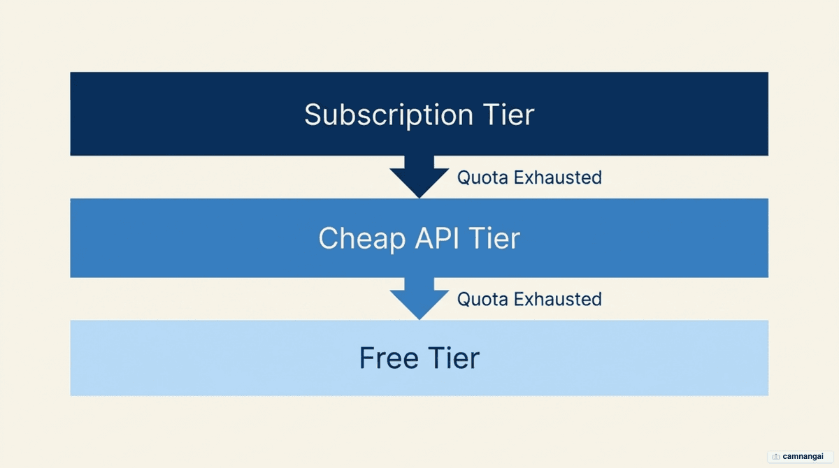 9Router's three-tier fallback cascade: a paid Subscription tier on top, a cheap API tier in the middle and a free tier at the bottom, with requests dropping to the next tier when quota runs out