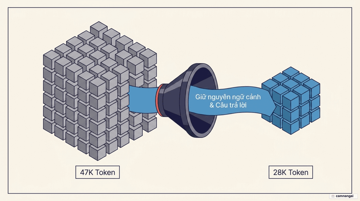 Khối context 47K token trước khi nén đặt cạnh khối 28K token sau khi nén bằng RTK, giữ nguyên ngữ cảnh và câu trả lời