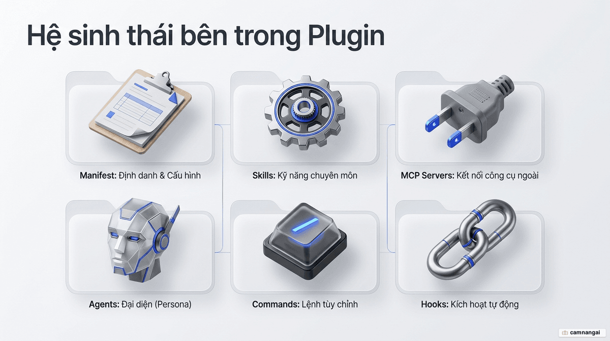 Hộp plugin chứa sáu thành phần: manifest, skills, commands, agents, hooks và MCP servers