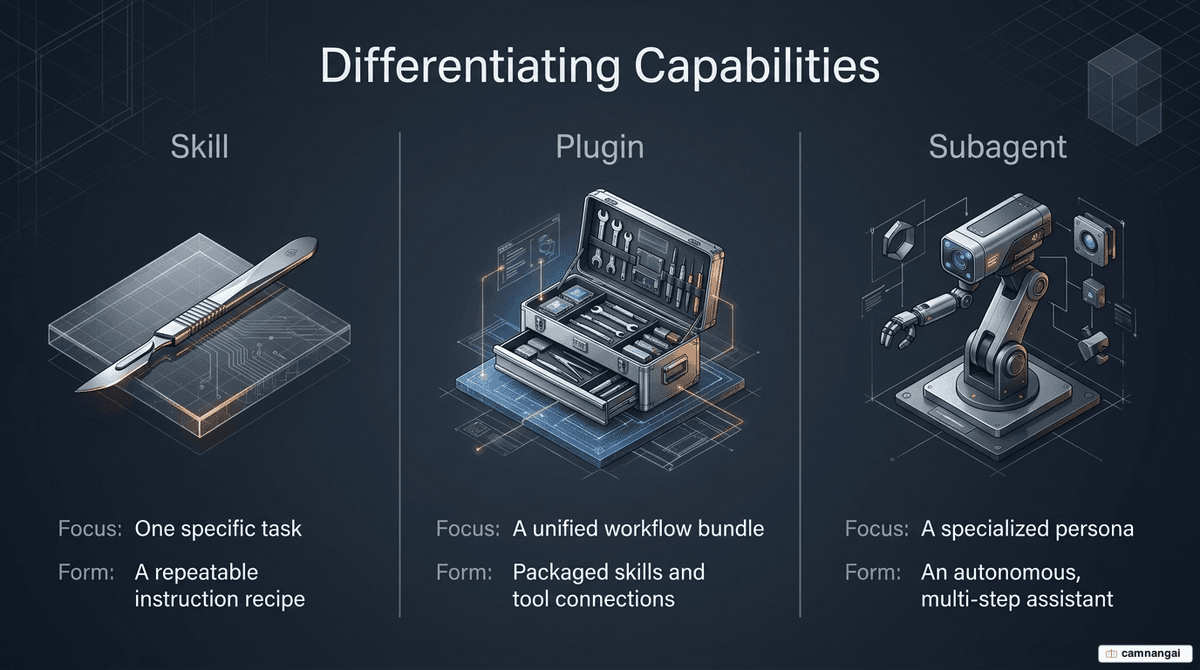 Comparison of three concepts: a skill is one repeatable task, a plugin bundles many skills and tools, a subagent is a specialized persona