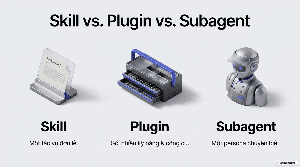 So sánh ba khái niệm: skill là một tác vụ đơn lẻ, plugin là gói nhiều skill và công cụ, subagent là một persona chuyên biệt