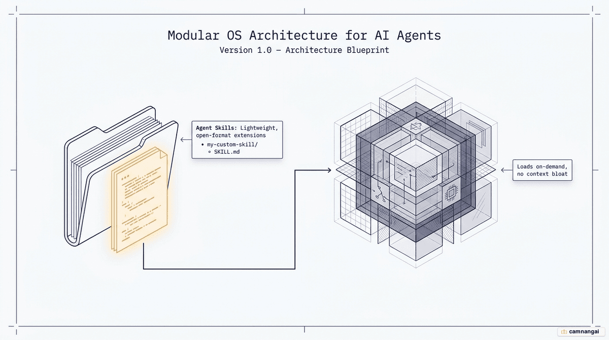 Agent Skills as modular folders containing a SKILL.md file that extend an AI agent's capabilities
