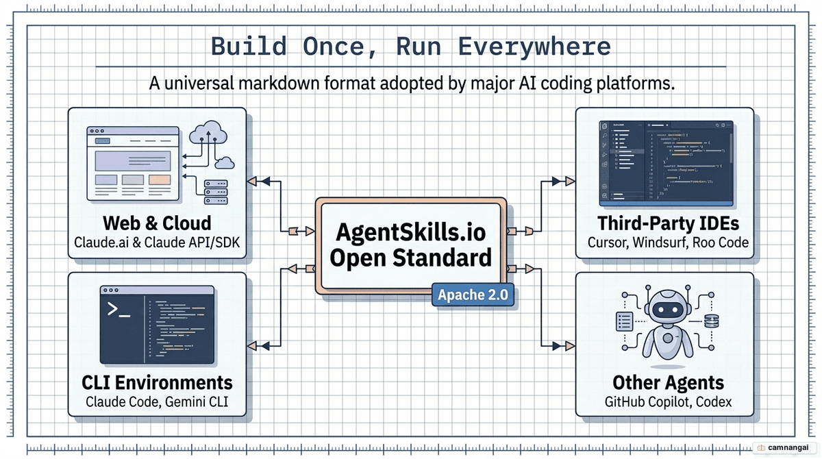 Where Agent Skills run: Claude.ai, Claude Code, the Claude API and SDK, and the cross-platform open standard