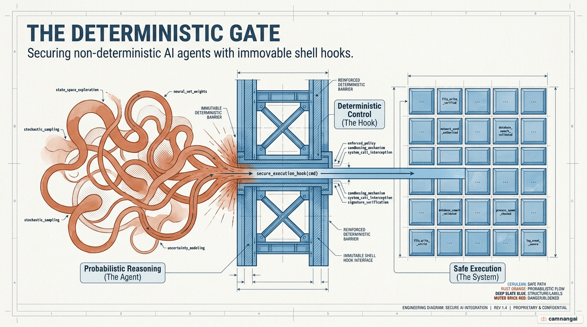 An AI agent hook acting as a deterministic gate between the model's decision and system execution