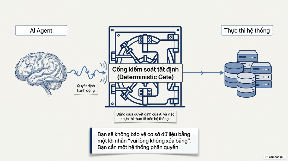 Hook hoạt động như một cổng kiểm soát tất định nằm giữa quyết định của AI và việc thực thi trên hệ thống