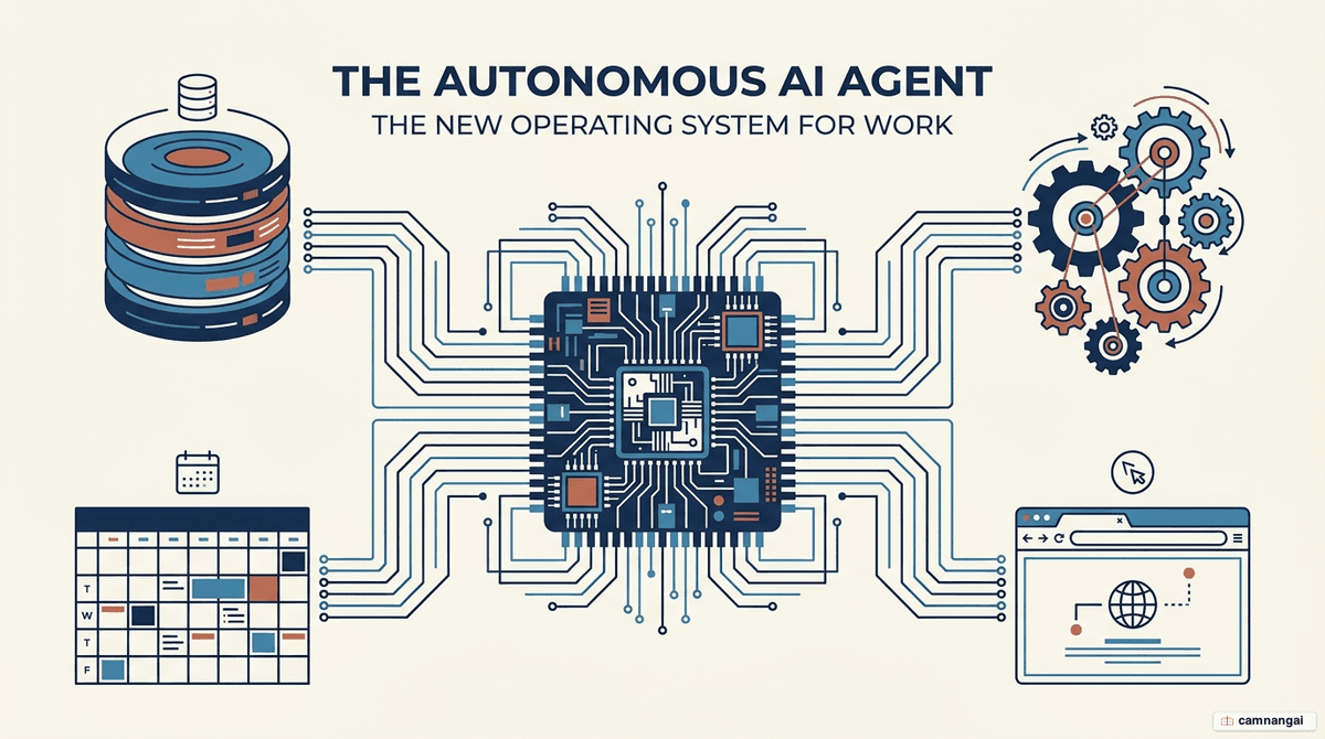 An autonomous AI agent with an LLM brain connected to tools, memory and actions, carrying out a task on its own