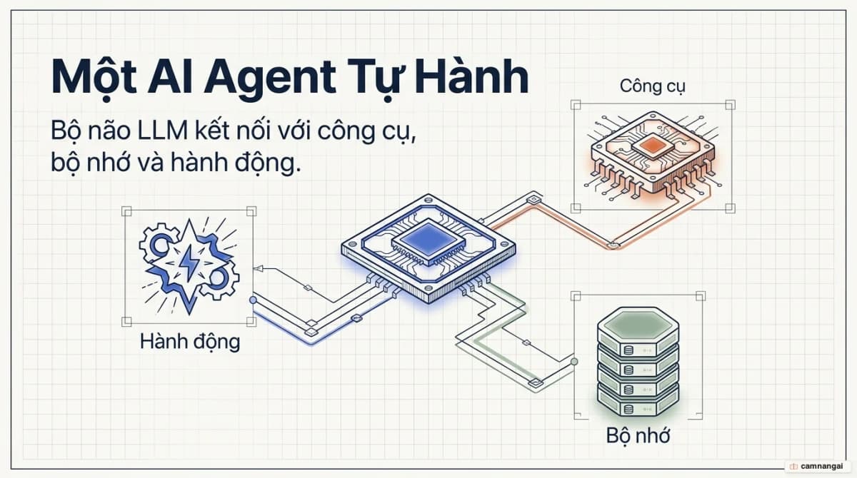 Một AI Agent tự hành với bộ não LLM kết nối tới công cụ, bộ nhớ và hành động, đang tự thực hiện nhiệm vụ