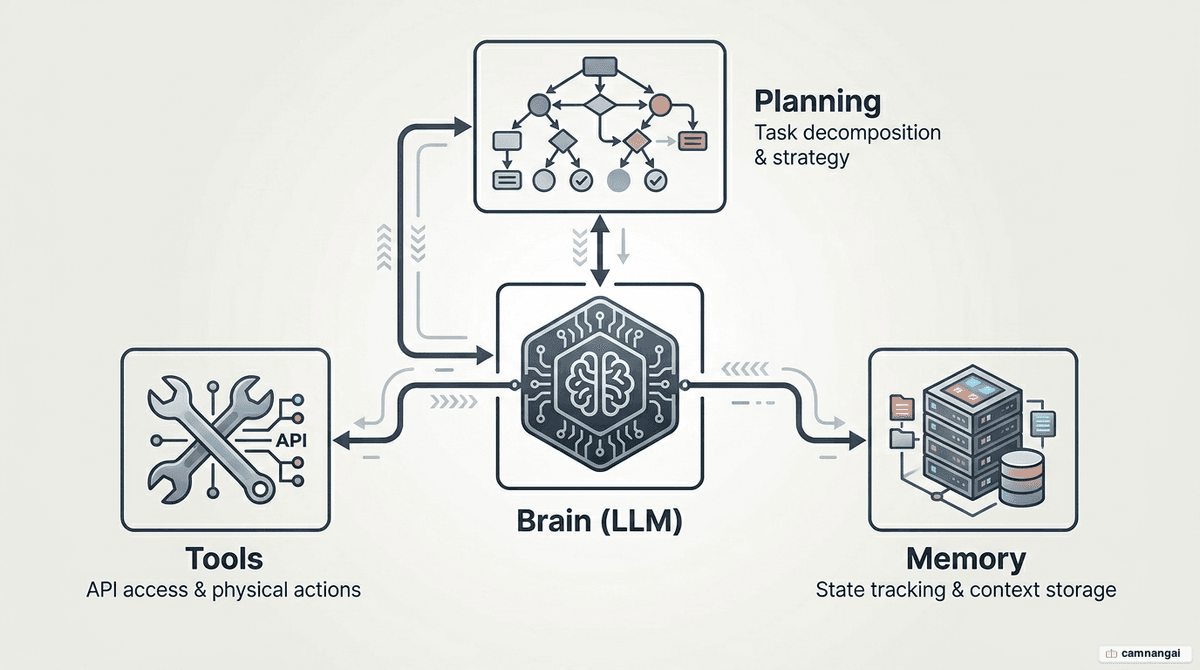 The four components of an AI agent: brain (LLM), planning, memory and tools