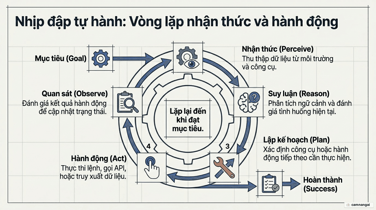 Vòng lặp hoạt động của AI Agent: nhận thức, suy luận, lập kế hoạch, hành động và quan sát, lặp lại đến khi đạt mục tiêu