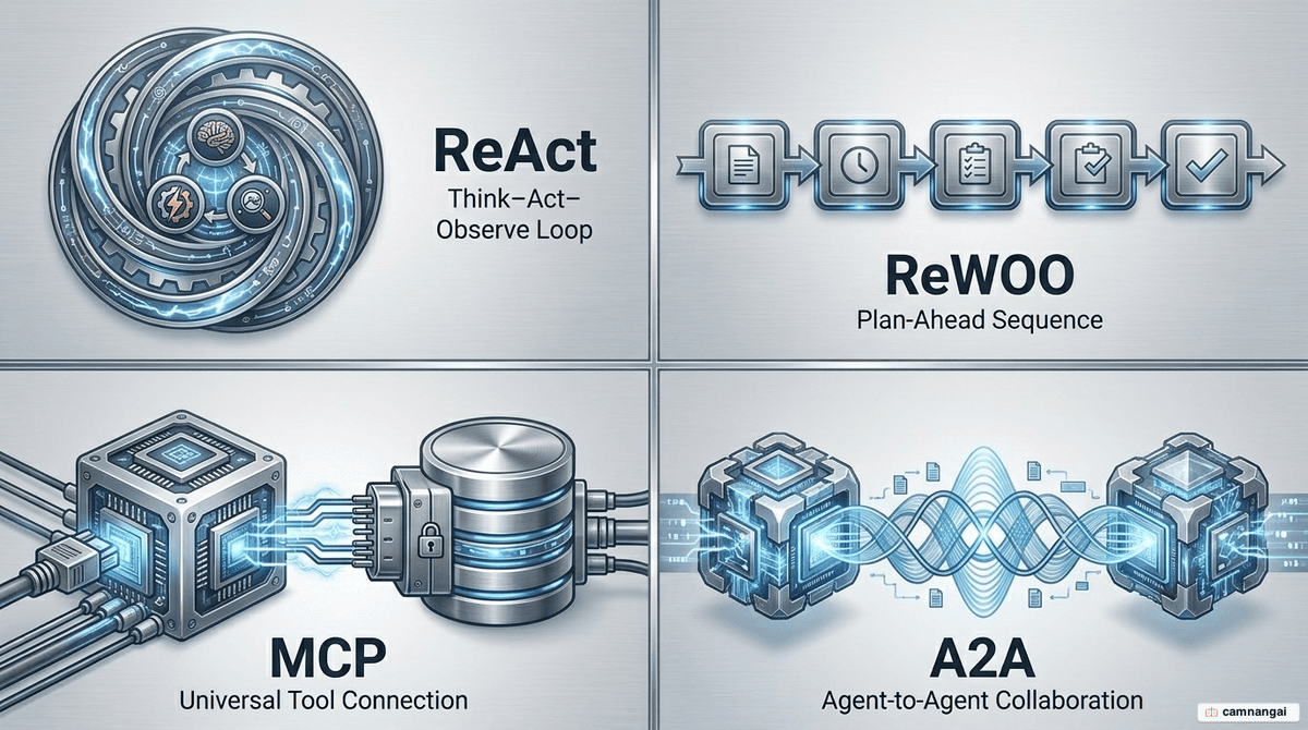 Two reasoning patterns, ReAct and ReWOO, with the MCP and A2A connection protocols