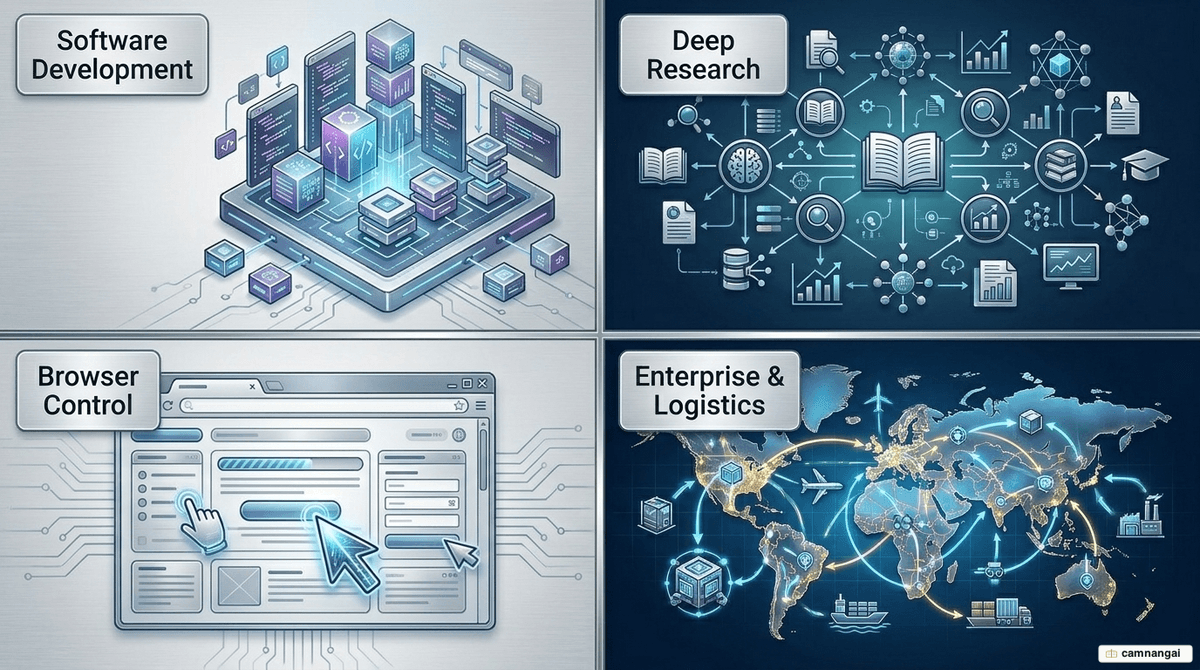 Four real-world application areas of AI agents: software development, research, browser control and enterprise