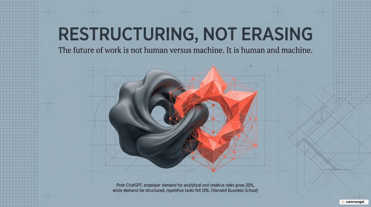 Illustration of the article's theme: AI is restructuring the labor market, with humans and AI working together rather than facing wholesale replacement