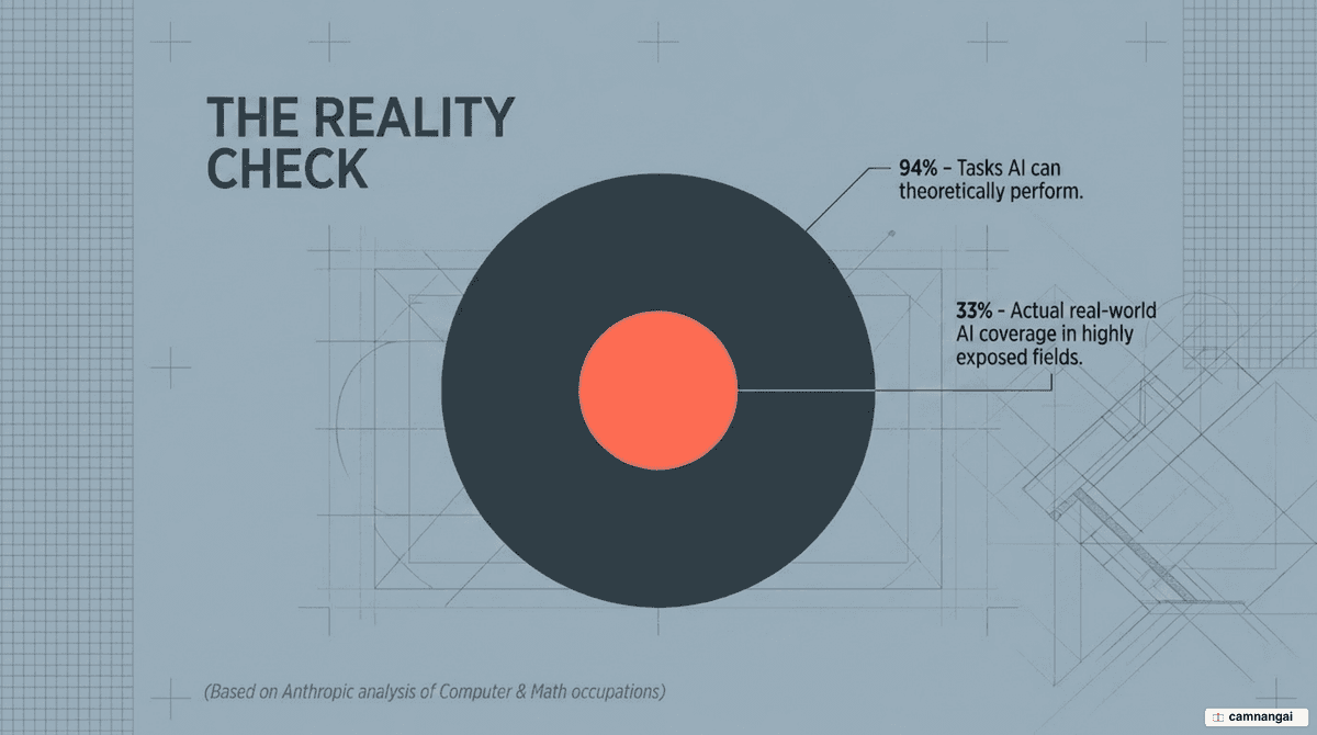 Theory versus practice: AI can theoretically handle 94% of tasks in computer and math work, but real workplace coverage is only 33%