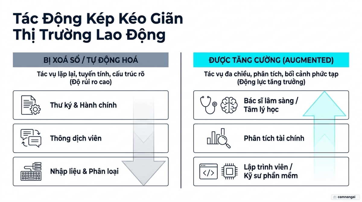 Hai nhóm công việc trước AI: nhóm bị tự động hoá gồm thư ký, thông dịch viên, nhân viên nhập liệu và nhóm được tăng cường gồm bác sĩ, chuyên viên phân tích tài chính, lập trình viên