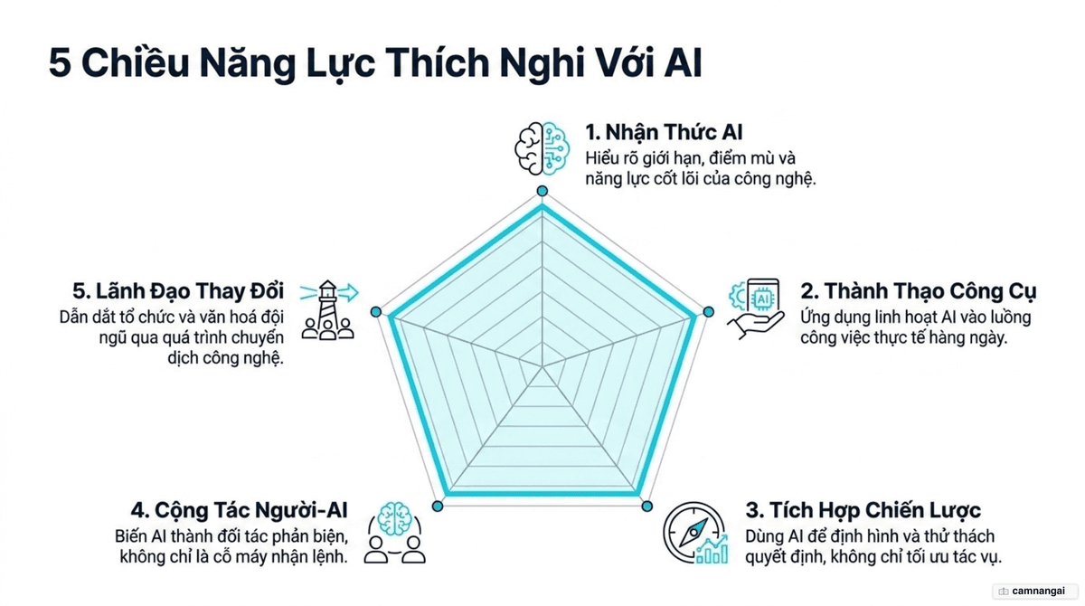 Năm chiều năng lực để thích nghi với AI: nhận thức về AI, thành thạo công cụ, tích hợp chiến lược, cộng tác Người–AI và lãnh đạo thay đổi