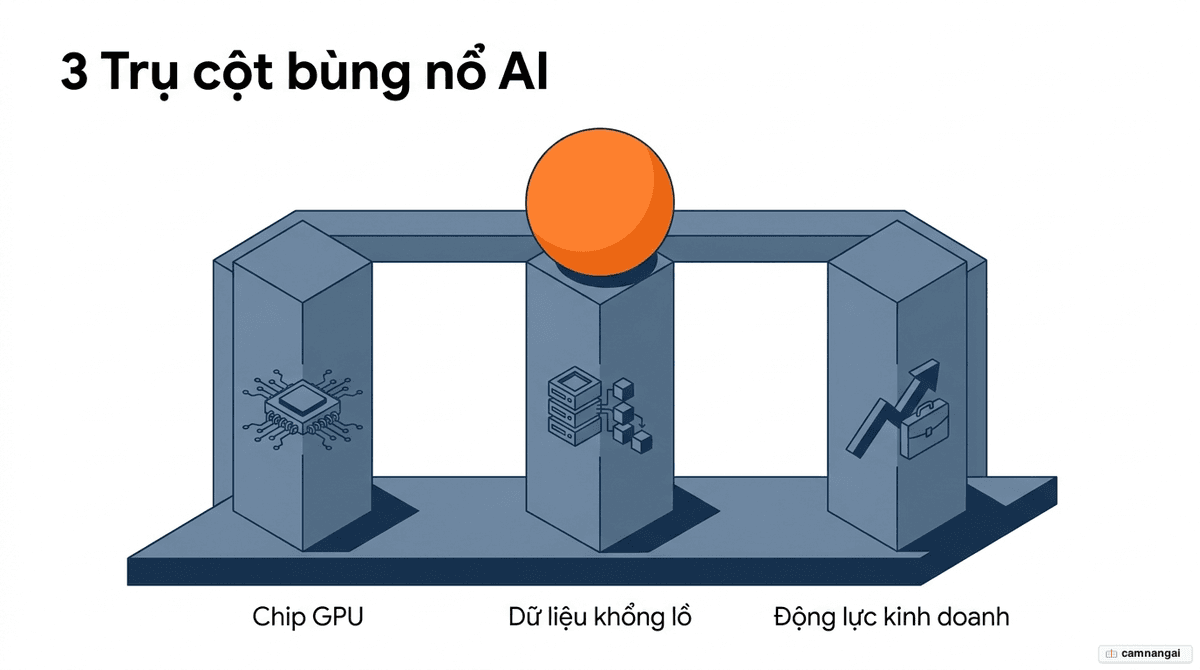Ba trụ cột nâng đỡ sự bùng nổ của AI: chip GPU mạnh mẽ, kho dữ liệu khổng lồ và động lực kinh doanh