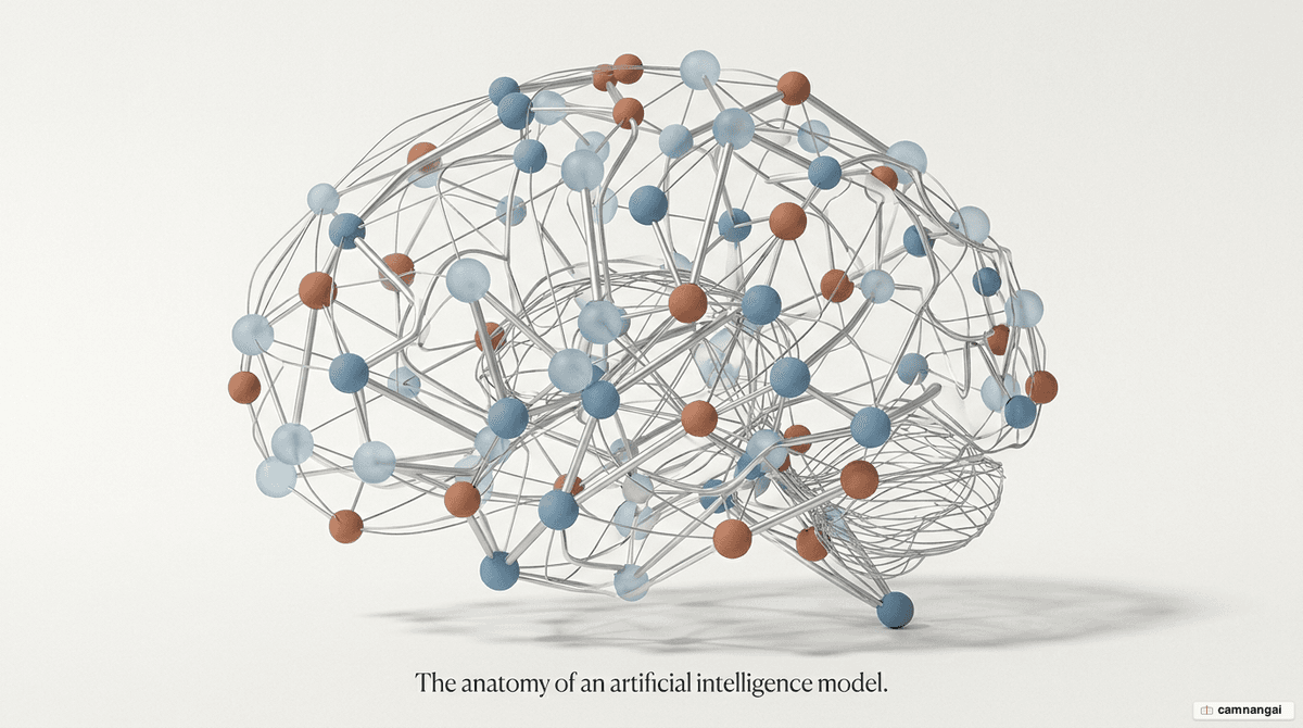 Conceptual illustration of an AI model: a neural network and digital brain representing how machines learn from data