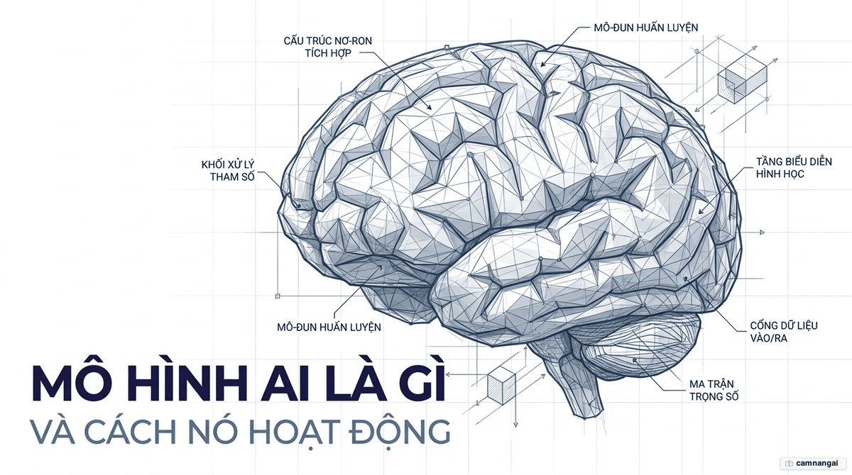 Minh hoạ khái niệm mô hình AI: mạng nơ-ron và bộ não số tượng trưng cho cách máy học từ dữ liệu