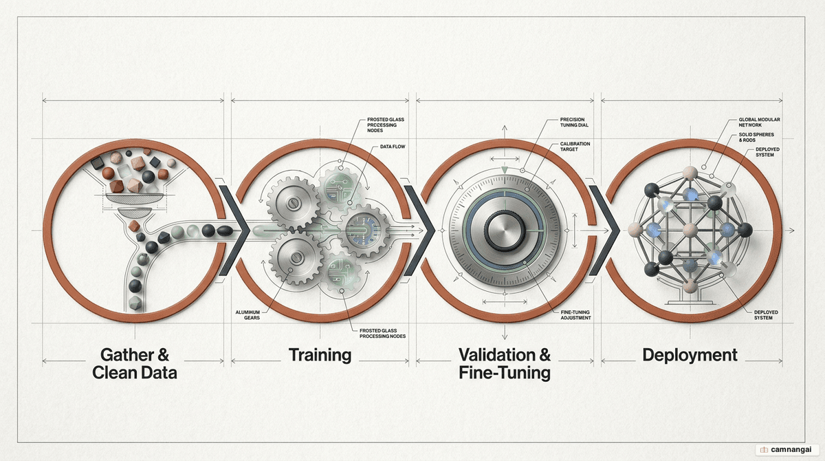 The four-stage AI model training lifecycle: gather and clean data, train, validate and fine-tune, then deploy