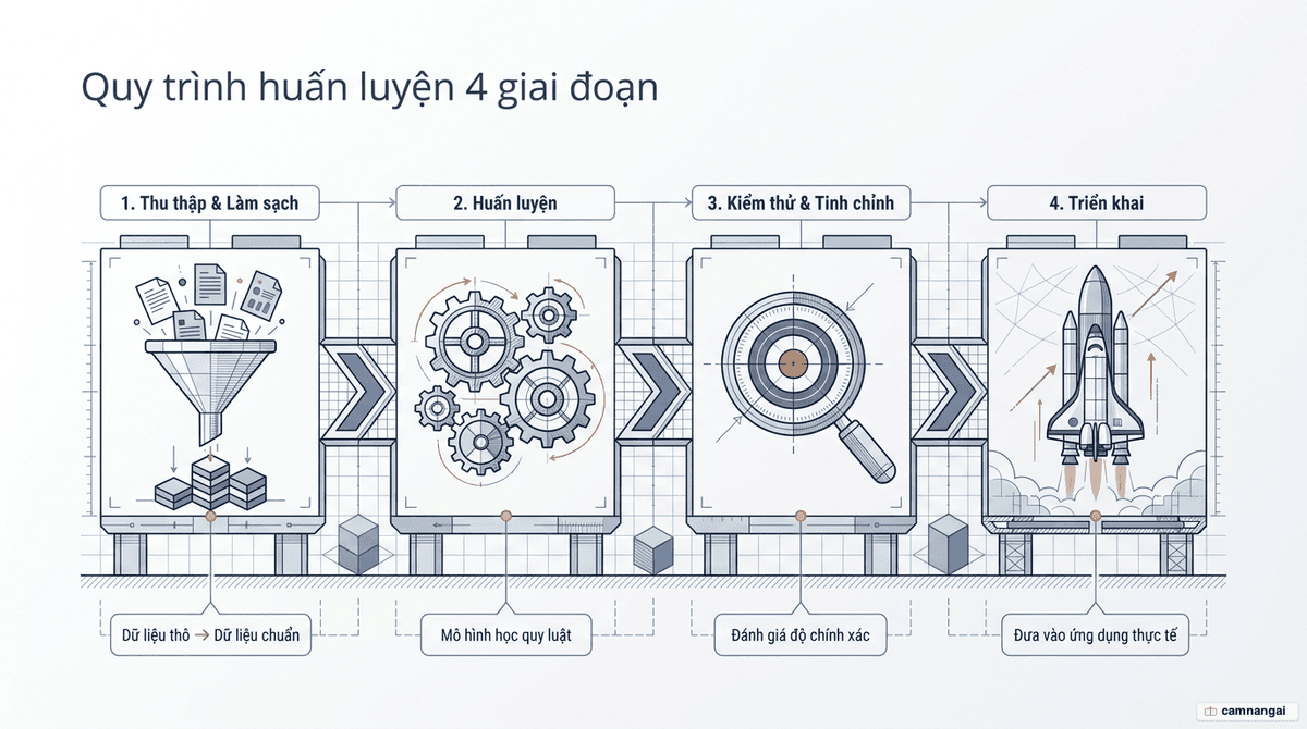 Quy trình huấn luyện mô hình AI bốn giai đoạn: thu thập và làm sạch dữ liệu, huấn luyện, kiểm thử và tinh chỉnh, rồi triển khai