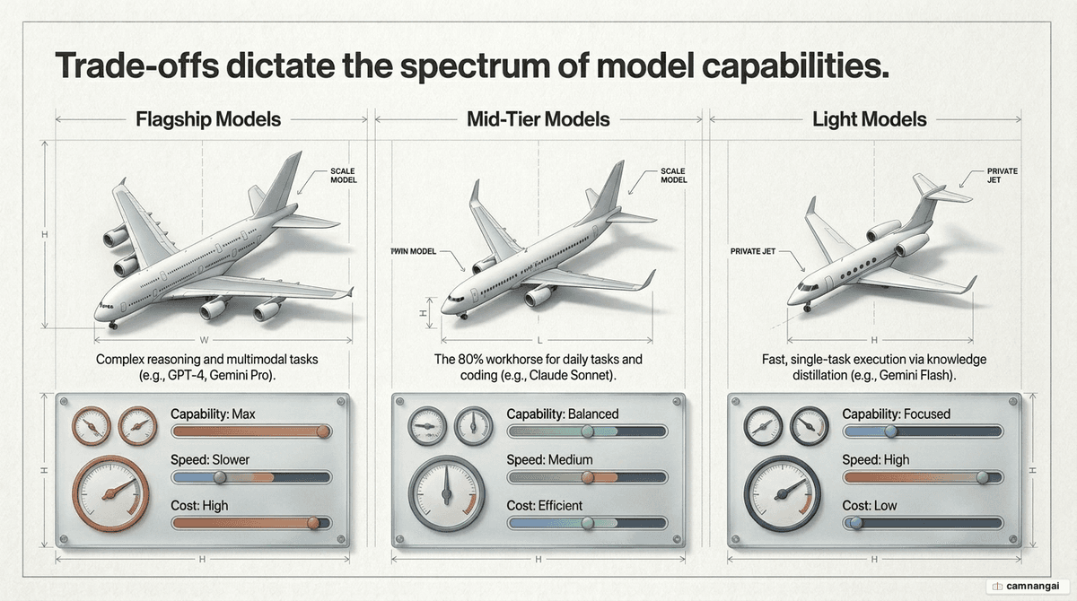The spectrum of AI model types as an airplane analogy: large flagship models, mid-tier models and small light models