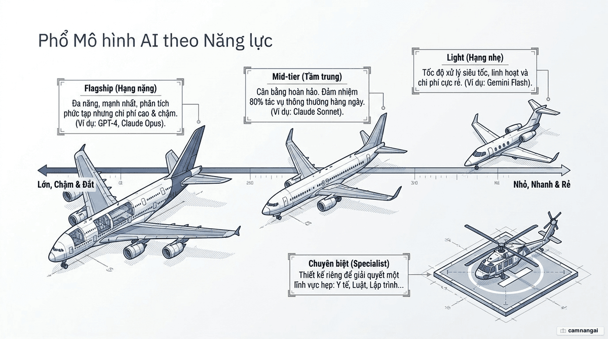 Phổ các loại mô hình AI theo ẩn dụ máy bay: mô hình flagship lớn, mô hình mid-tier tầm trung và mô hình light nhỏ gọn