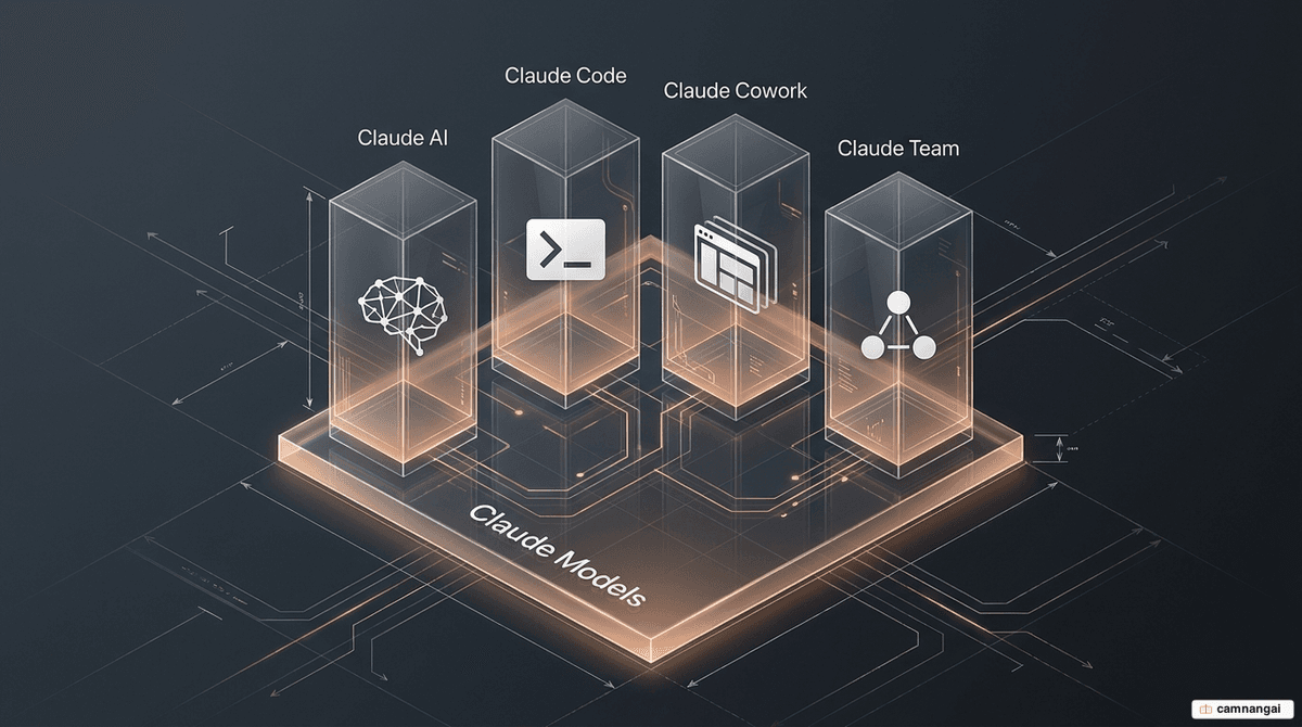 Layered diagram of the Anthropic AI stack: the four products Claude AI, Claude Code, Claude Cowork, and Claude Team built as layers on a shared foundation of Claude models