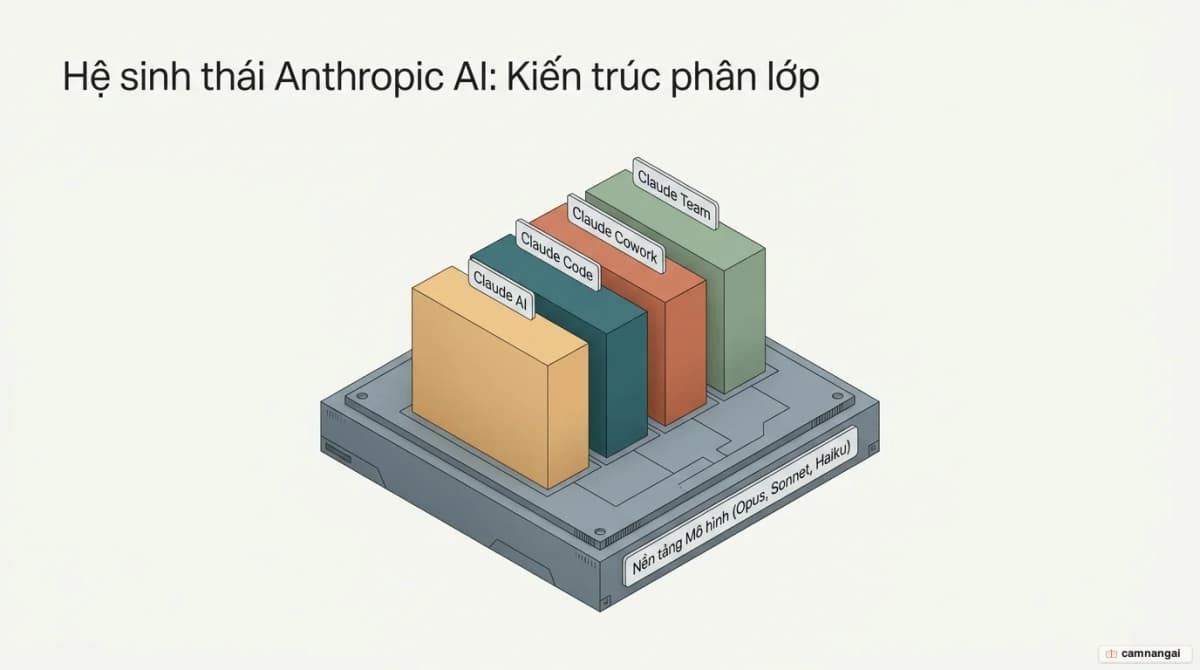Sơ đồ phân lớp hệ sinh thái AI của Anthropic: bốn sản phẩm Claude AI, Claude Code, Claude Cowork và Claude Team xếp thành các lớp trên nền các mô hình Claude