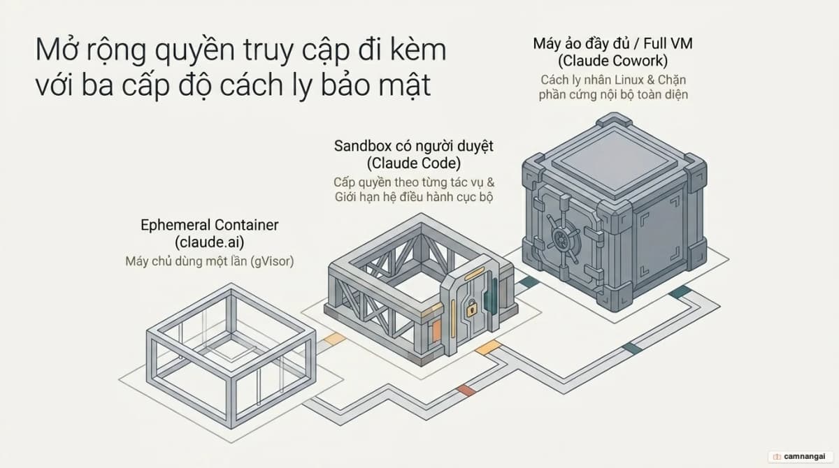 Ba cấp độ cách ly bảo mật tăng dần theo quyền truy cập: ephemeral container cho claude.ai, sandbox có người duyệt cho Claude Code, và máy ảo đầy đủ (Full VM) cho Claude Cowork