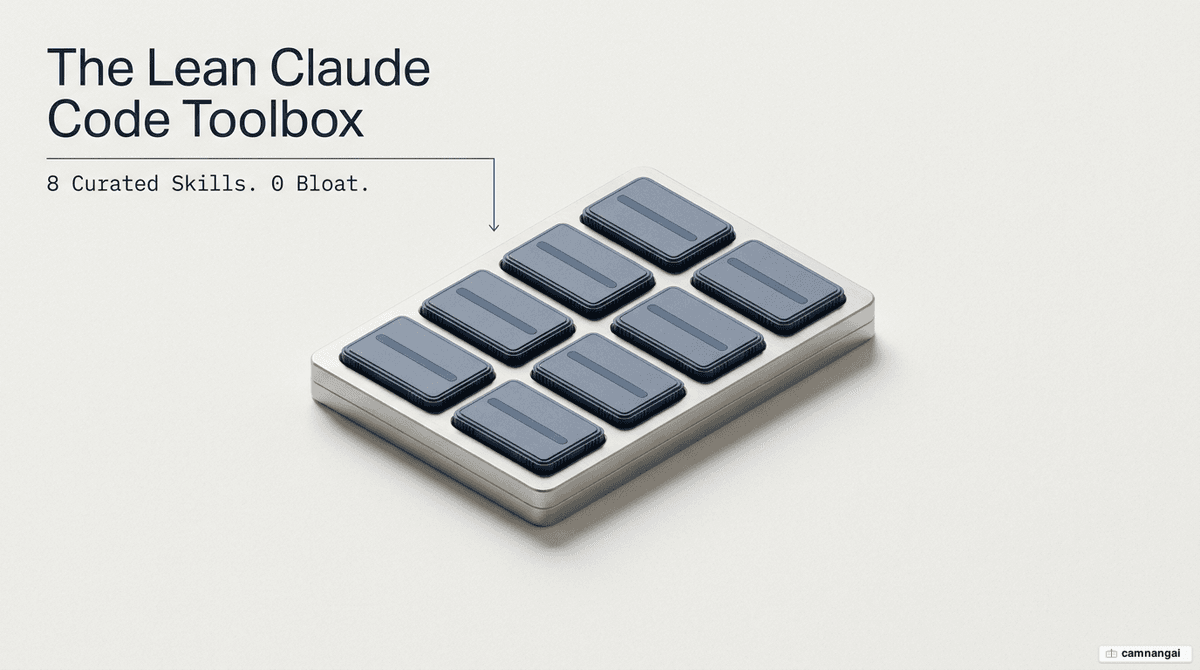 Cover image: a lean Claude Code toolbox — around 8 curated skills instead of dozens installed