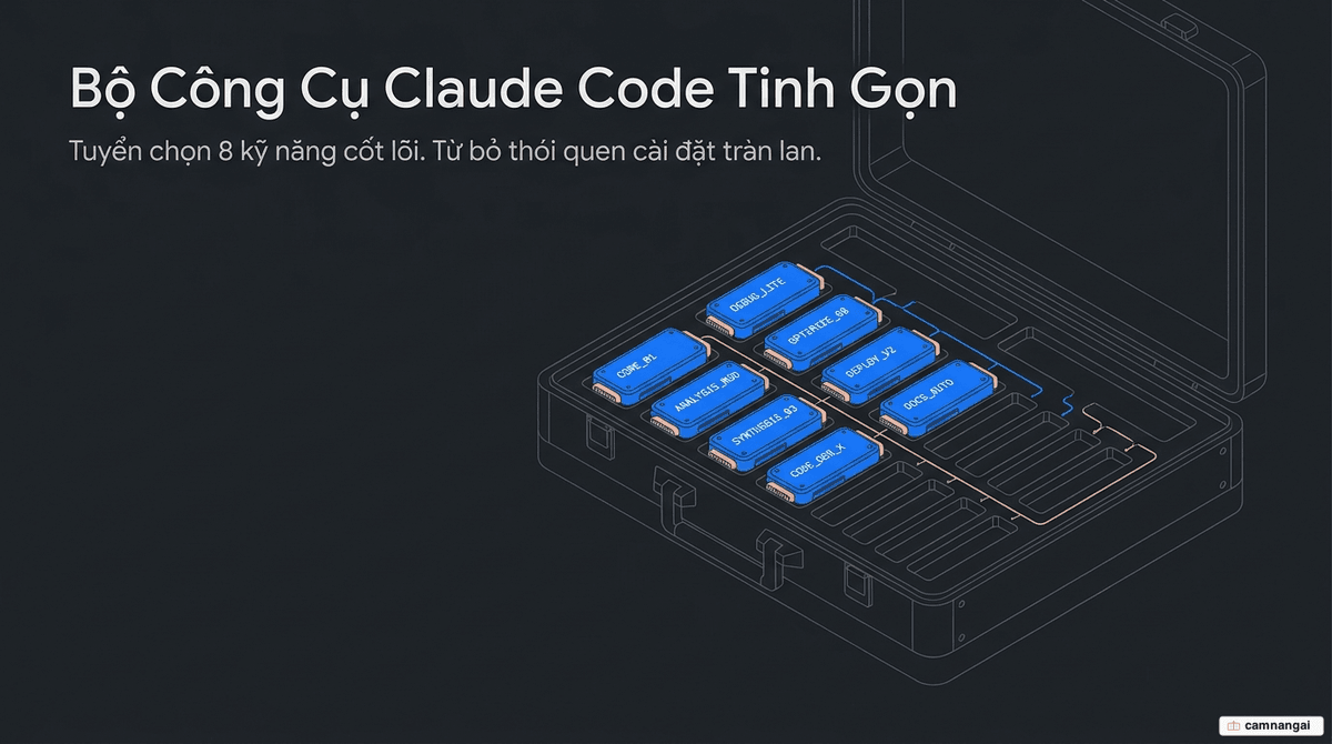 Ảnh bìa: bộ công cụ Claude Code tinh gọn — khoảng 8 skill được tuyển chọn thay vì cài đặt tràn lan