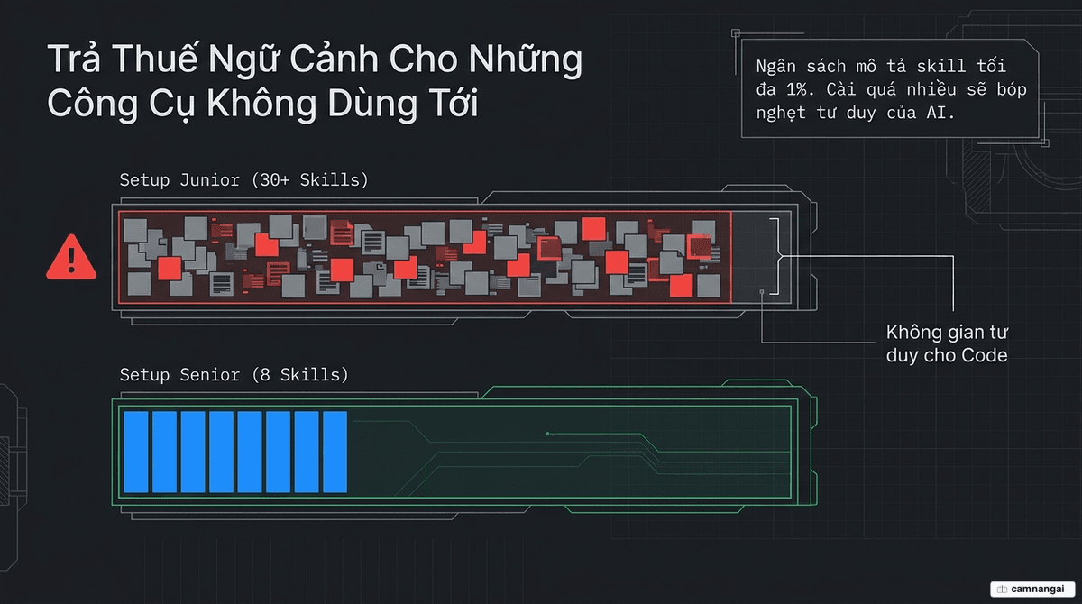 Sơ đồ thuế ngữ cảnh: mô tả của từng skill lấp đầy cửa sổ ngữ cảnh, so sánh setup junior hơn 30 skill chật chội với setup senior khoảng 8 skill gọn nhẹ