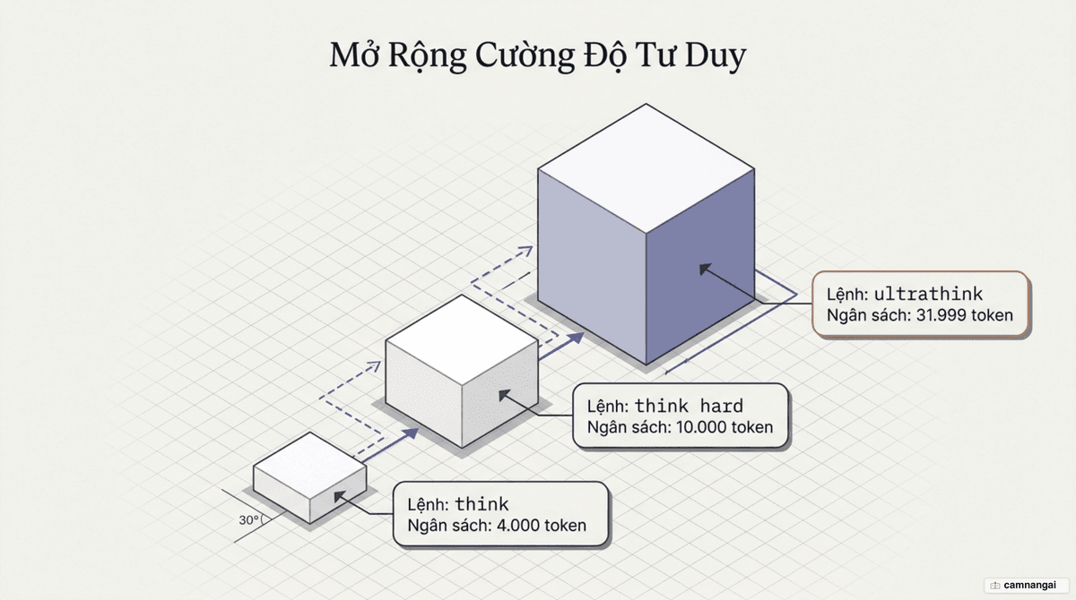 Sơ đồ ba cấp độ suy nghĩ của Claude Code: think 4.000 token, think hard 10.000 token, ultrathink 31.999 token