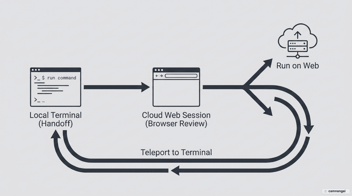 Ultraplan flow diagram: a local terminal hands a planning task to a cloud web session, you review it in the browser, then run it on the web or teleport it back
