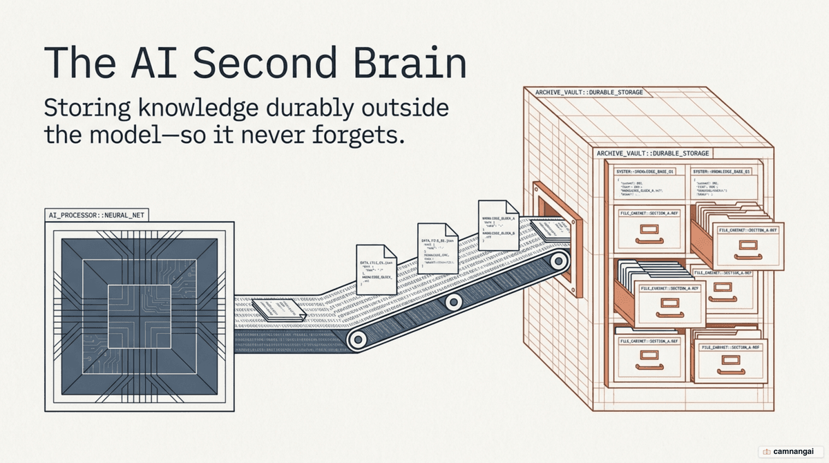 Illustration of an AI second brain: knowledge stored durably outside the model so the AI never forgets