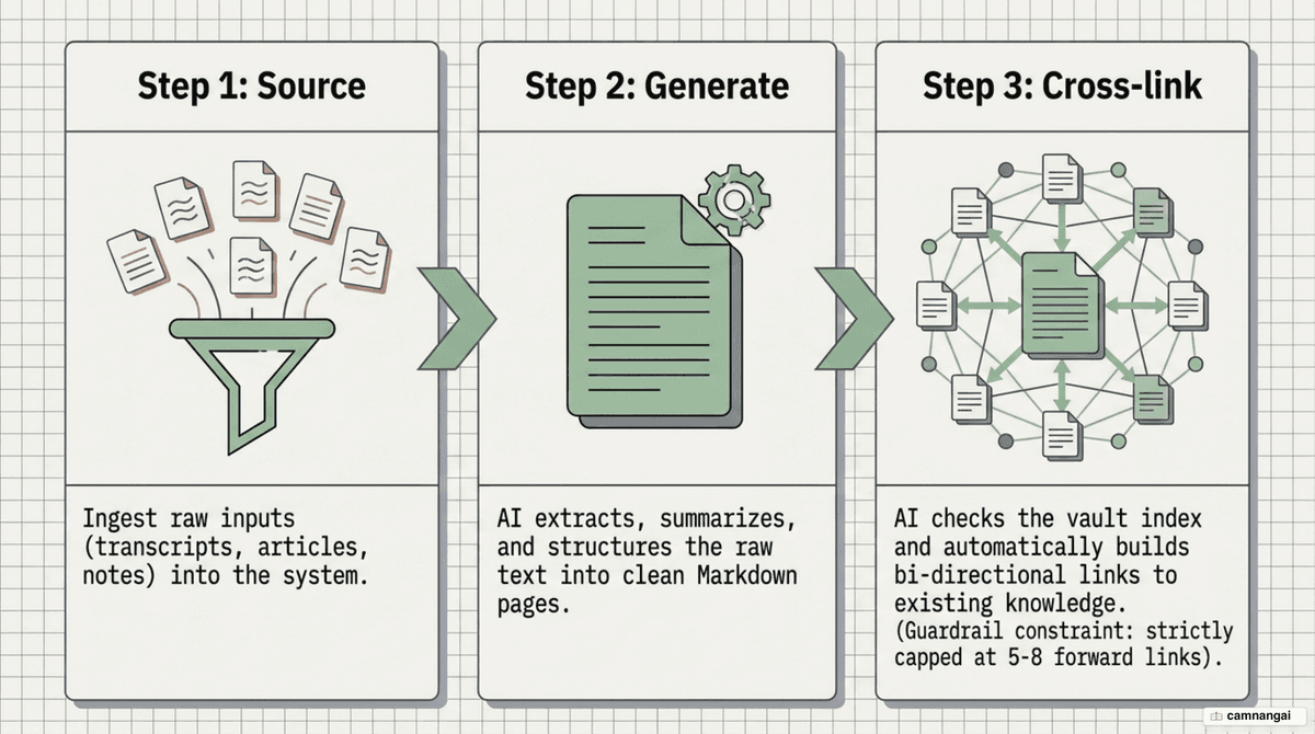 The knowledge ingestion pipeline: source, generate, and cross-link