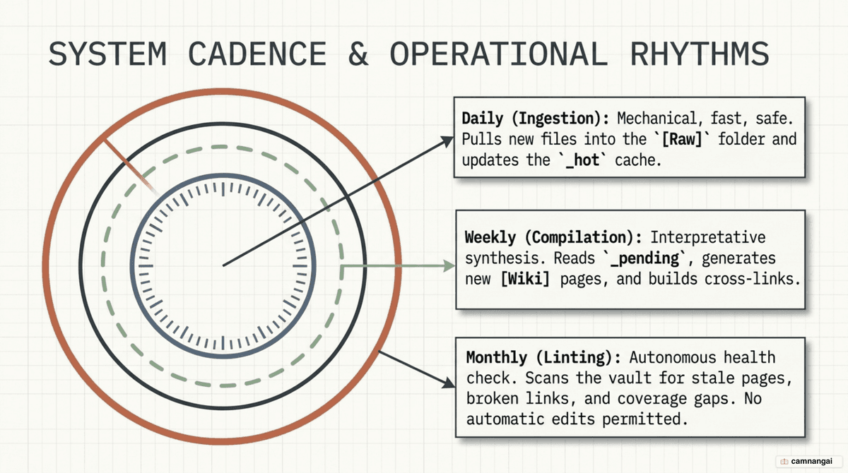 The three-cadence maintenance cycle: daily ingestion, weekly compilation, monthly linting