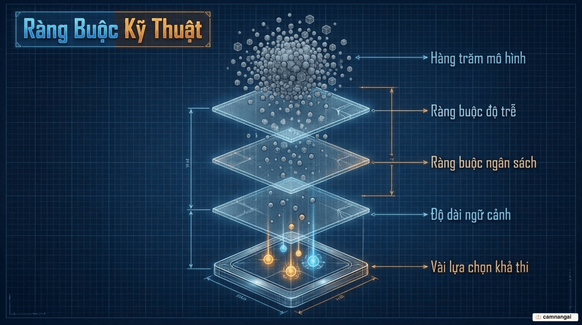 Các ràng buộc kỹ thuật như độ trễ, ngân sách và độ dài ngữ cảnh lọc dần hàng trăm mô hình xuống còn vài lựa chọn