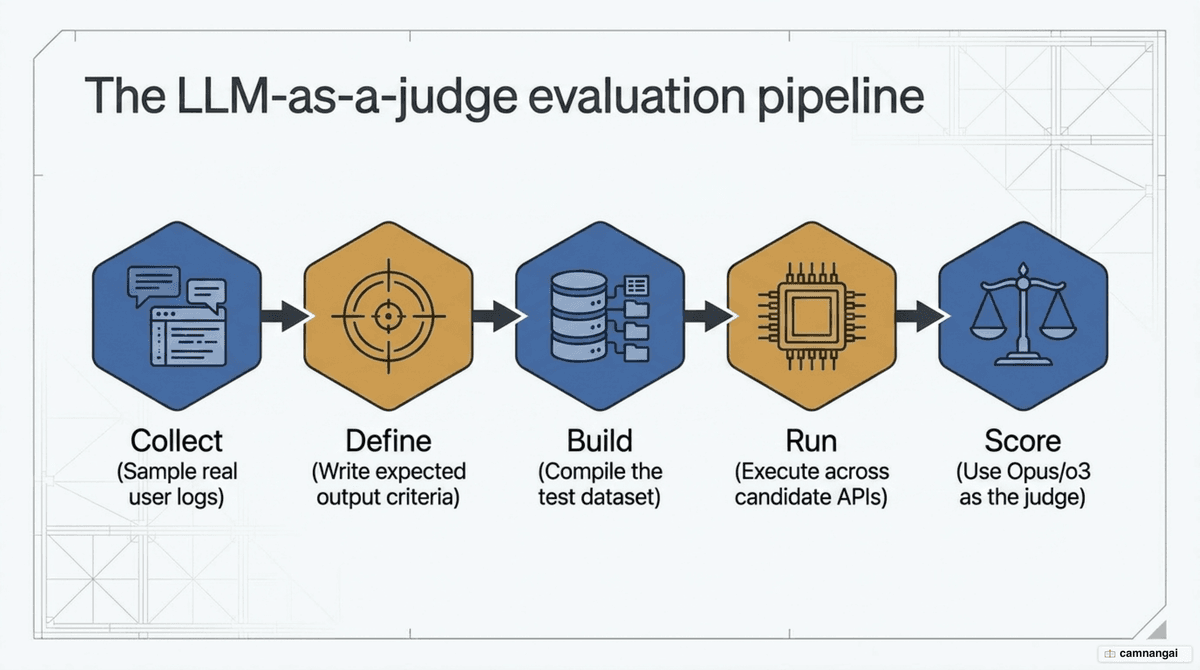 The five-step self-benchmark process, from collecting real examples through to scoring with a judge model