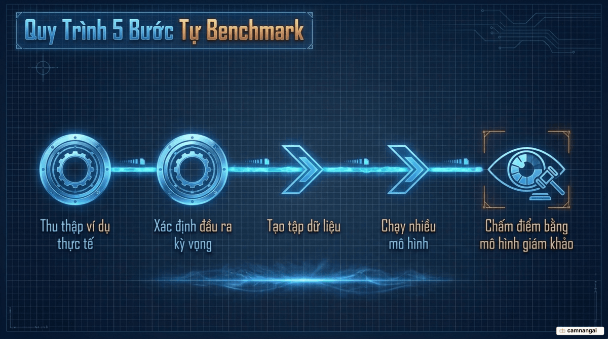 Quy trình năm bước tự benchmark, từ thu thập ví dụ thực tế đến chấm điểm bằng mô hình giám khảo