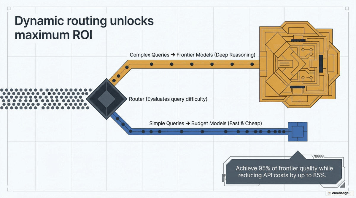 A routing diagram where a classifier sends easy questions to a cheap model and hard questions to a strong model