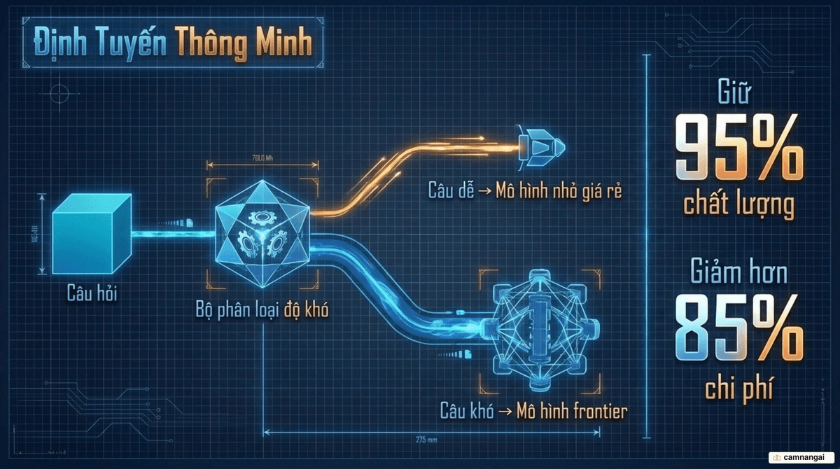 Sơ đồ định tuyến: bộ phân loại gửi câu hỏi dễ sang mô hình rẻ và câu hỏi khó sang mô hình mạnh