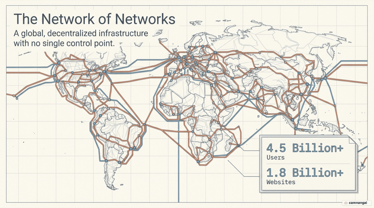 Diagram of the internet as many smaller networks interconnected, with no central control point