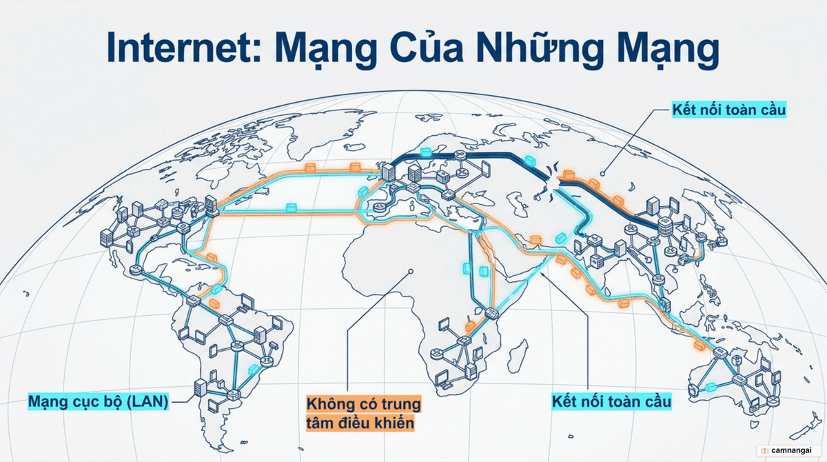 Sơ đồ Internet như một mạng lưới gồm nhiều mạng nhỏ kết nối với nhau, không có trung tâm điều khiển