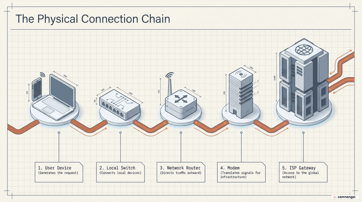 The chain of devices connecting your computer to the internet: two computers, a switch, a router, a modem, then the ISP