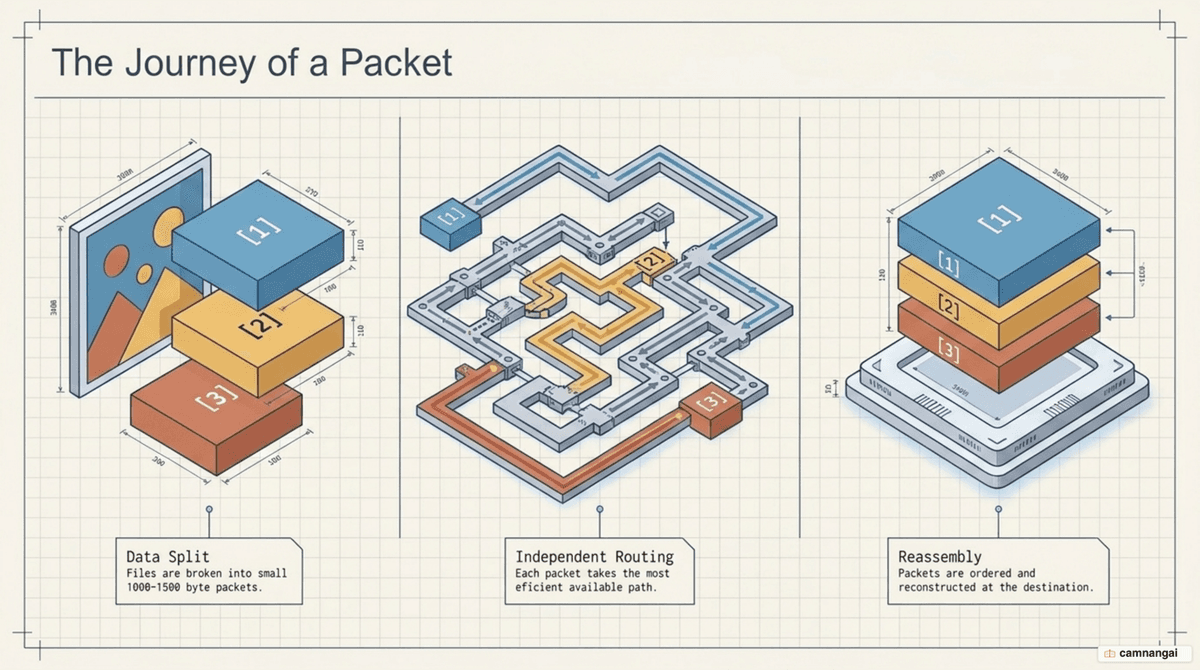A file split into numbered packets that travel different routes and are reassembled at the destination