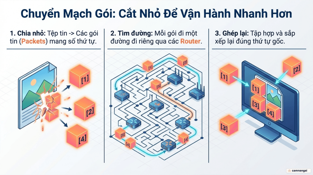 Một tệp tin được cắt thành nhiều gói tin đánh số, đi theo các tuyến đường khác nhau rồi được ghép lại ở máy nhận