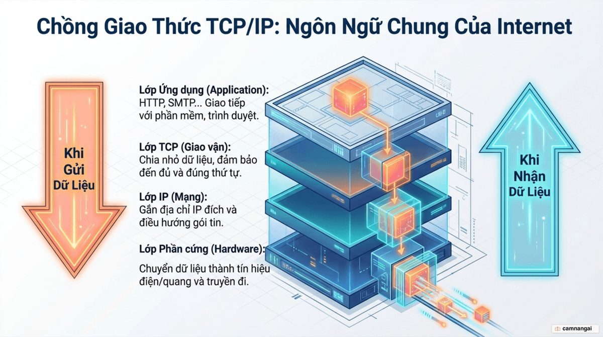 Chồng giao thức TCP/IP bốn lớp: lớp ứng dụng, lớp TCP, lớp IP và lớp phần cứng