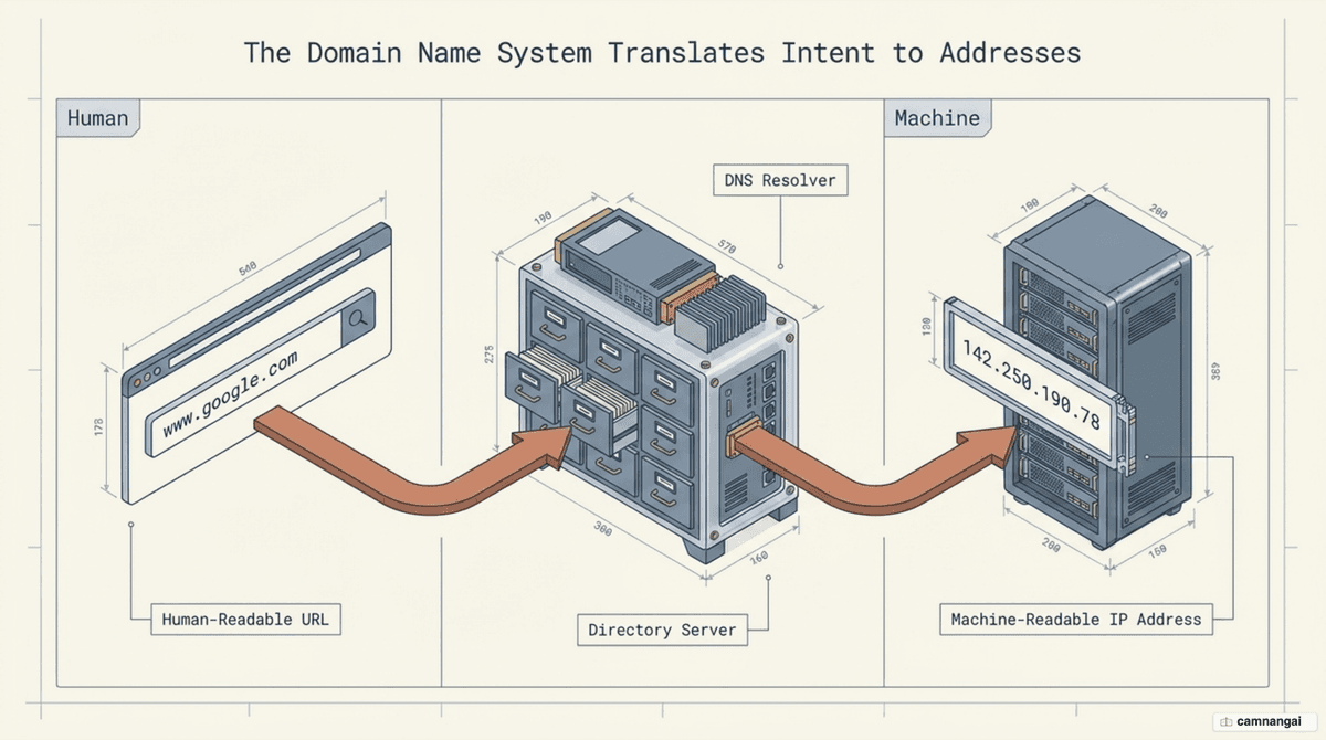 The DNS lookup process: a human-readable domain name resolved into a numeric IP address